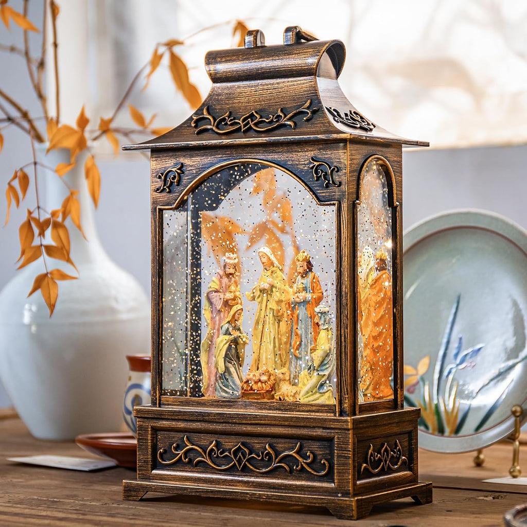 Christmas Snow Globes Musical Lantern Snow Globe Nativity Scene Water Snow Globe Glittering Portable Hanging Tabletop Decorative Lantern Christmas Home Décor and Gift