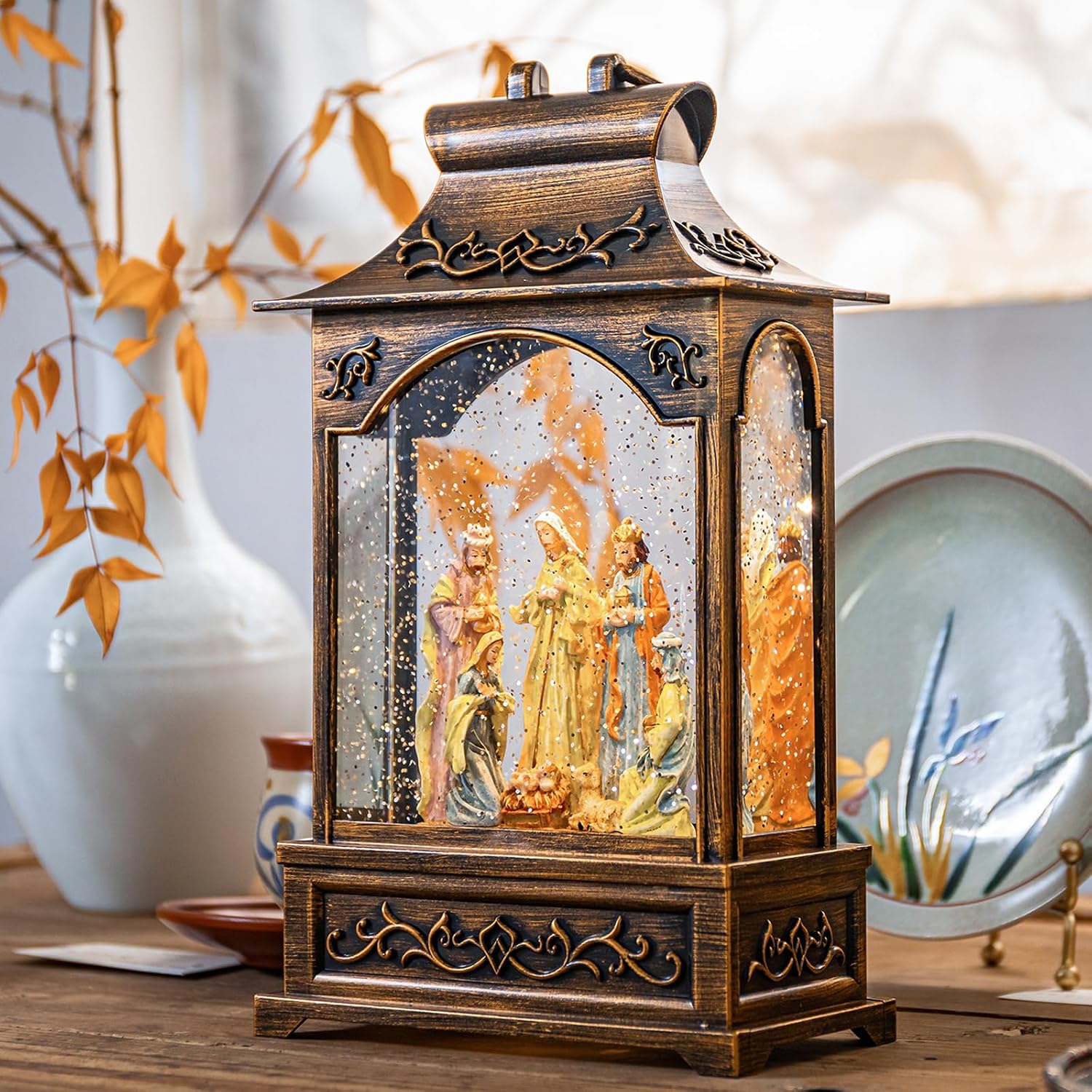 Christmas Snow Globes Musical Lantern Snow Globe Nativity Scene Water Snow Globe Glittering Portable Hanging Tabletop Decorative Lantern Christmas Home Décor and Gift