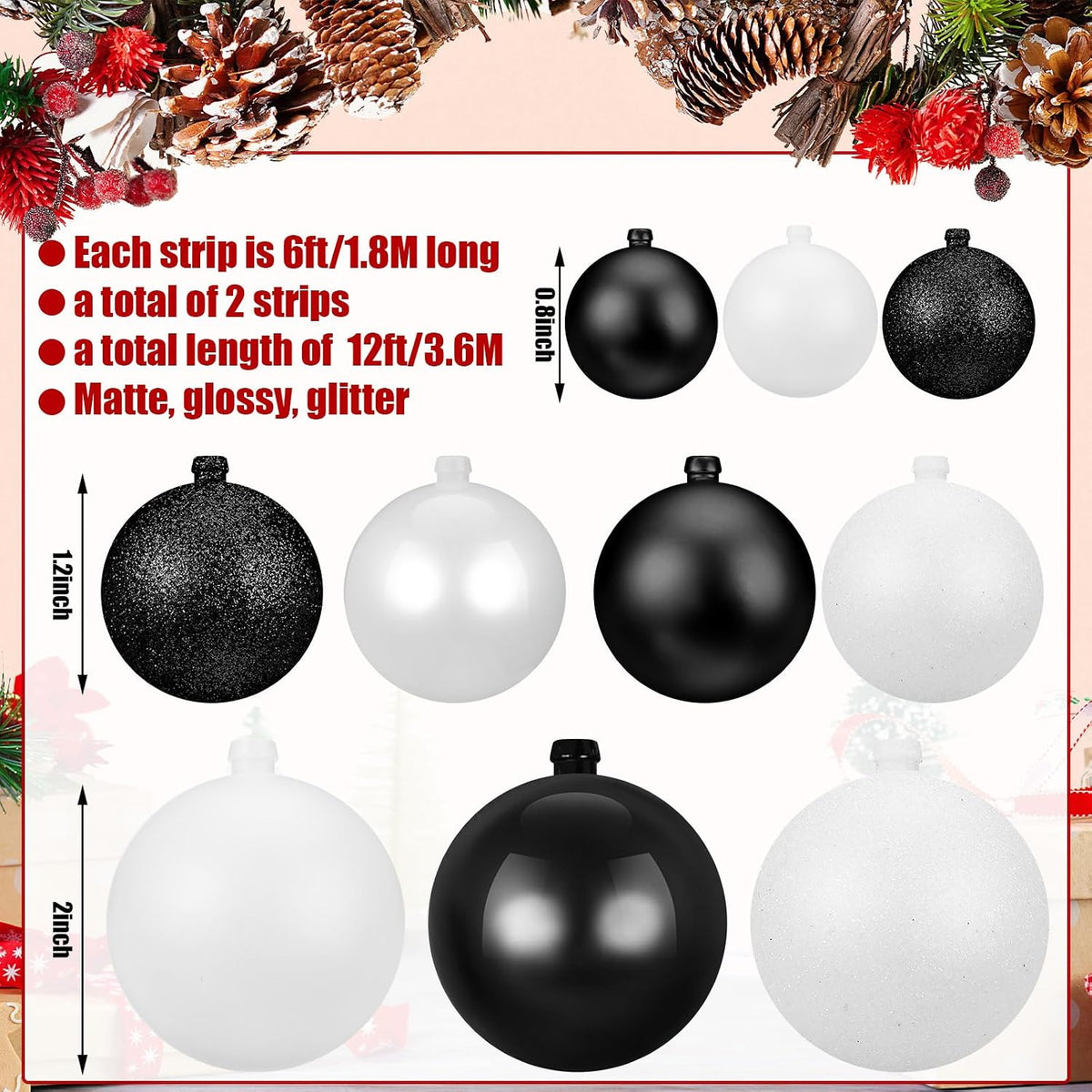 6 ft christmas ball ornament garland, black, white, close-up detail
