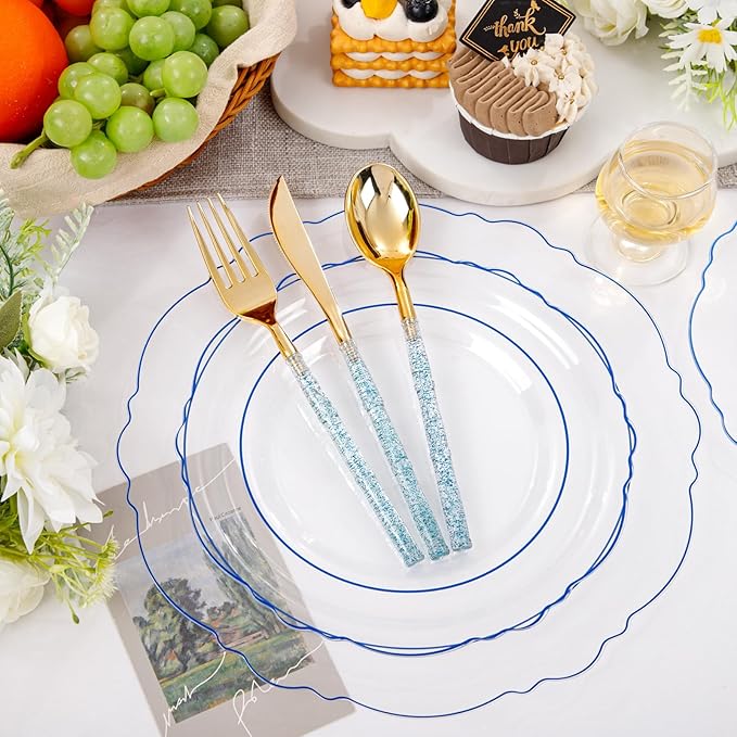 Liacere 150PCS Clear and Blue Plastic Plates-Clear and Blue Disposable Plates with Glitter Bamboo Handle Cutlery-60 Baroque Elegant Plates, 30 Forks, 30 Spoons, 30 Knives for Wedding＆Back to School