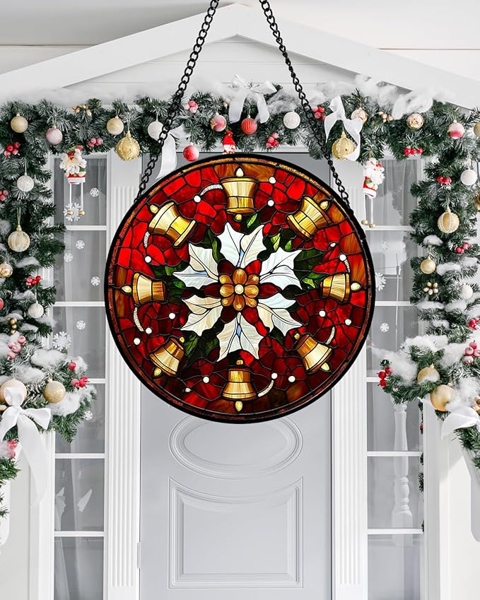 Stained Glass Window Hanging - Golden Bells Flowers Suncatcher for Doors Home Christmas Decoration Winter Sun Catcher Thanksgiving New Year Birthday Gift for Friend Women Men Mom Nana 7.8 in