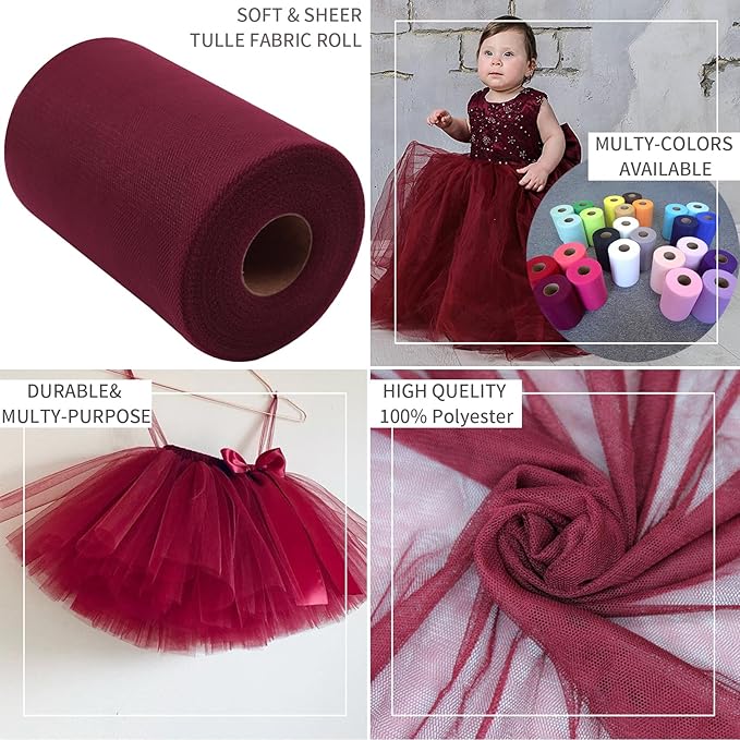 Burgundy Tulle Fabric Rolls 6 Inch by 100 Yards (300 feet) Fabric Spool Tulle Ribbon for DIY Burgundy Tutu Bow Baby Shower Birthday Party Wedding Decorations Christmas Craft Supplies
