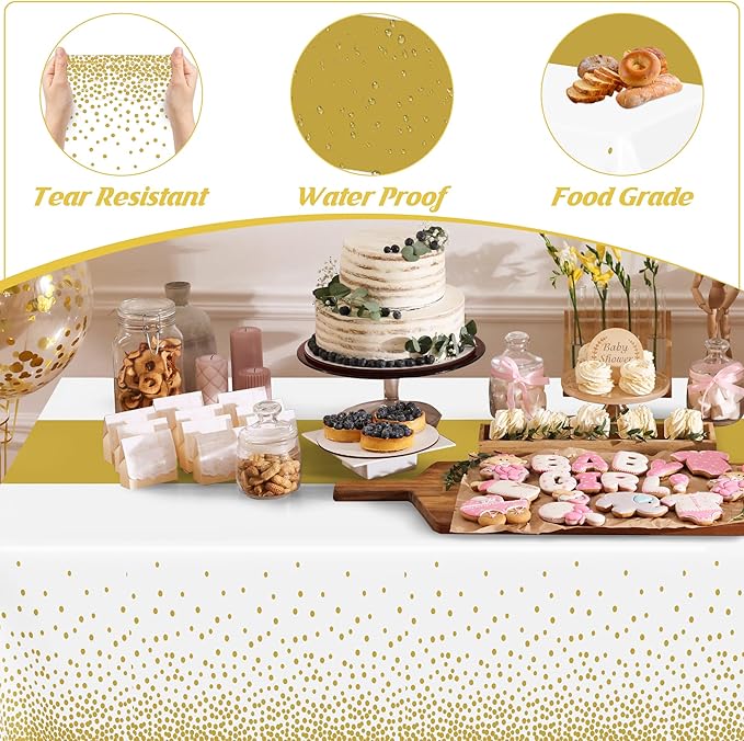 QZYL 12Pack Table Cloth Rectangle Tables, 54" x 108" Disposable Party White Table Cloths with Gold Dot, Waterproof Table Covers for Birthday Outdoor Wedding New Year Eve Birthday Decorations Supplies
