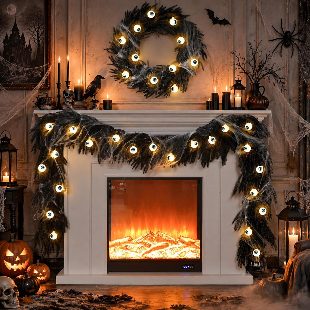 9ft black halloween garland with eyeball string light, close-up detail