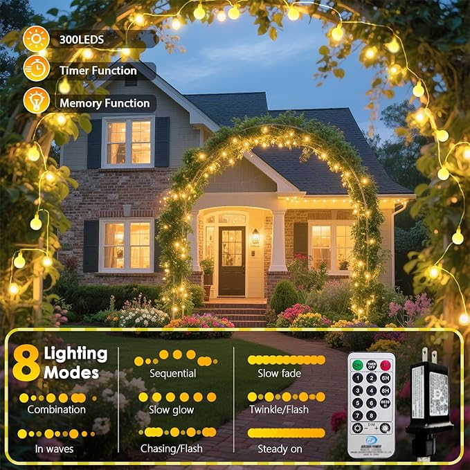 300LED Connectable Globe String Lights Indoor Outdoor for Bedroom, 108ft Warm White Christmas Lights with Remote, Waterproof Fairy Light Plug in 8 Modes for Room Classroom Wedding Christmas Decor