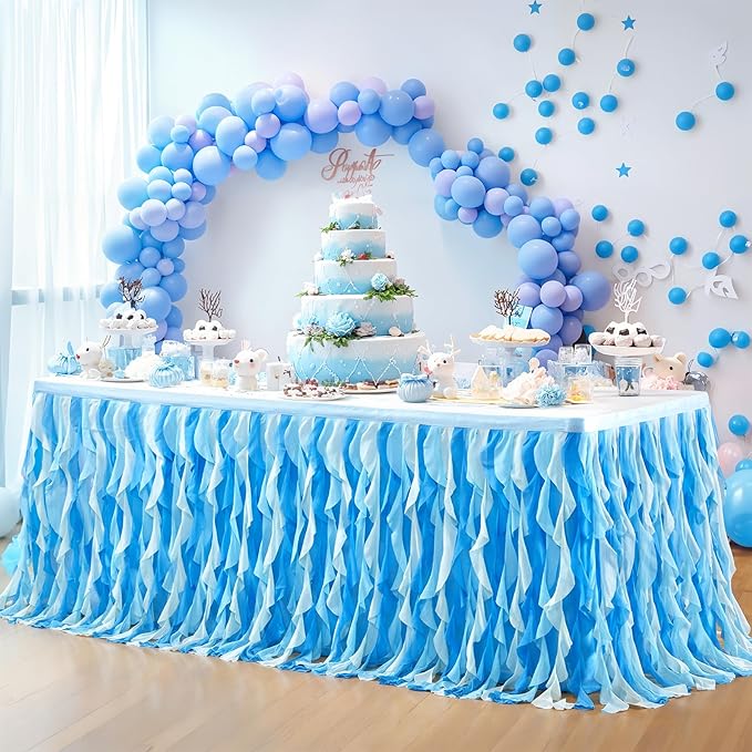 Partisky Ocean Blue Tulle Tutu Ruffle Curly Willow Table Skirt for Rectangle Table 9ft,Under The Sea Baby Shark Themed Table Cloth for Boys Girls Birthday Party or Baby Shower