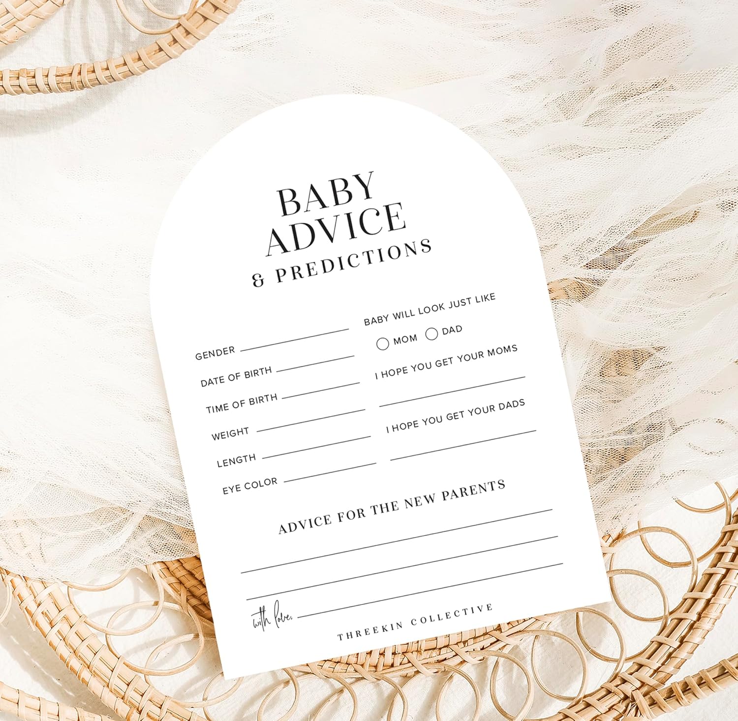 ThreeKin Collective Baby Shower Games Cards - 50 Baby Predictions and Advice Cards | 5x7 Inch Tall | Fun Gender Reveal Games for Boys & Girls | Perfect Baby Shower Game Set, US Owned Business