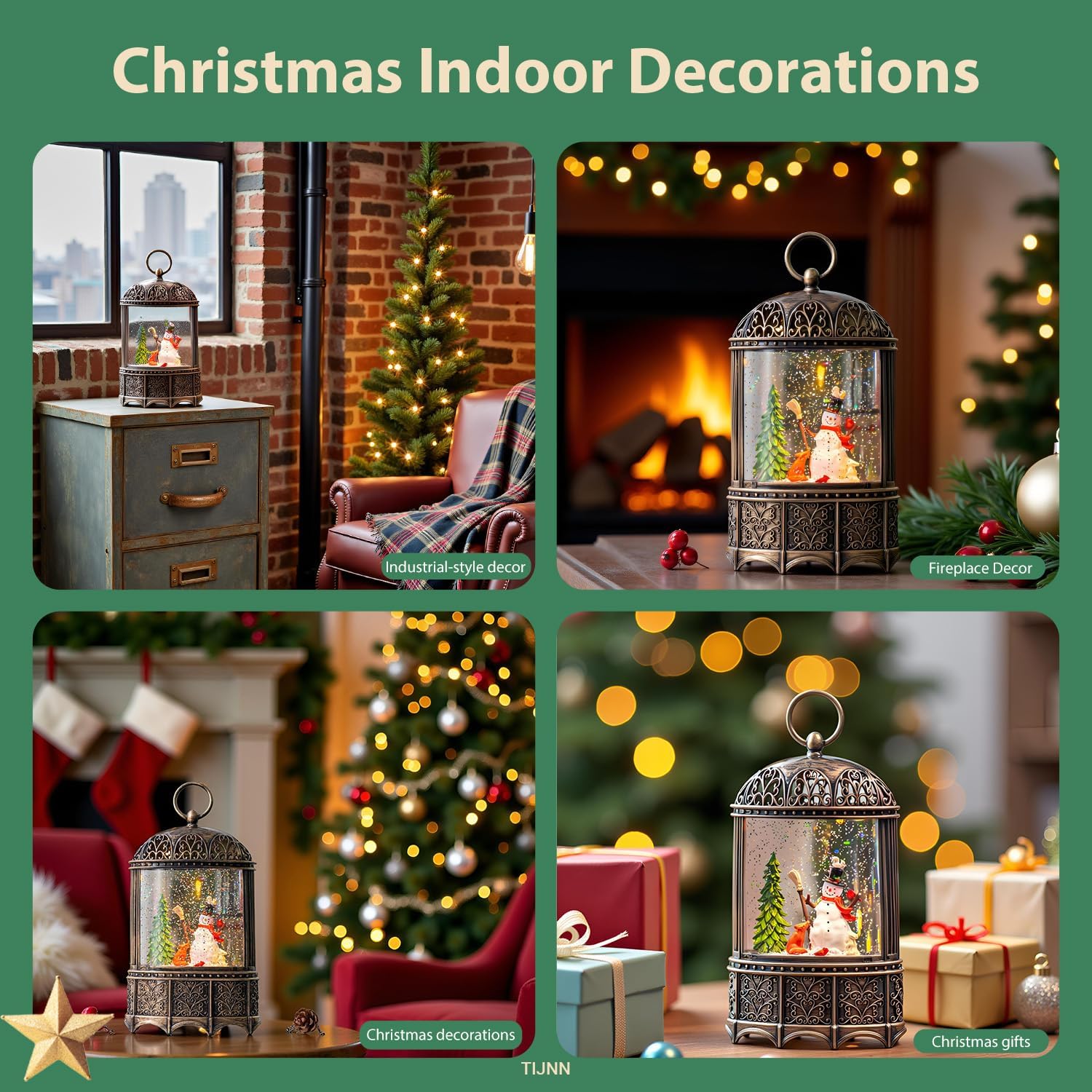11" Christmas Snow Globe Lantern Winter Home Decor Rotating Snowflakes with Music and Timer Function USB or Battery Powered (Snowman)