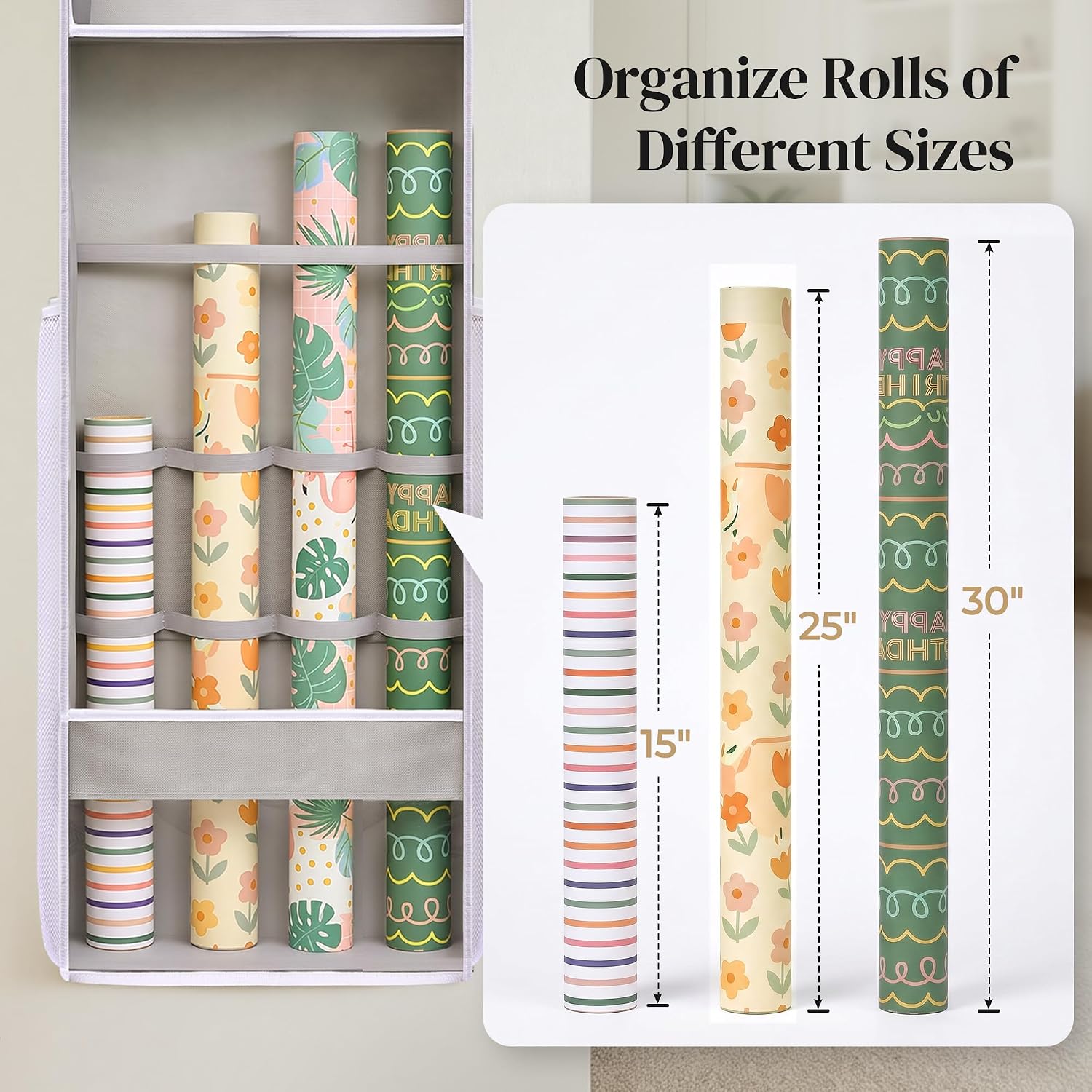 Ordovibe Wrapping Paper Storage Organizer, Over The Door Gift Wrap Holder with Removable Drawer & Side Mesh Pockets – Space Saving Closet Organizer for Christmas, Halloween, Birthday Rolls Supplies Gray