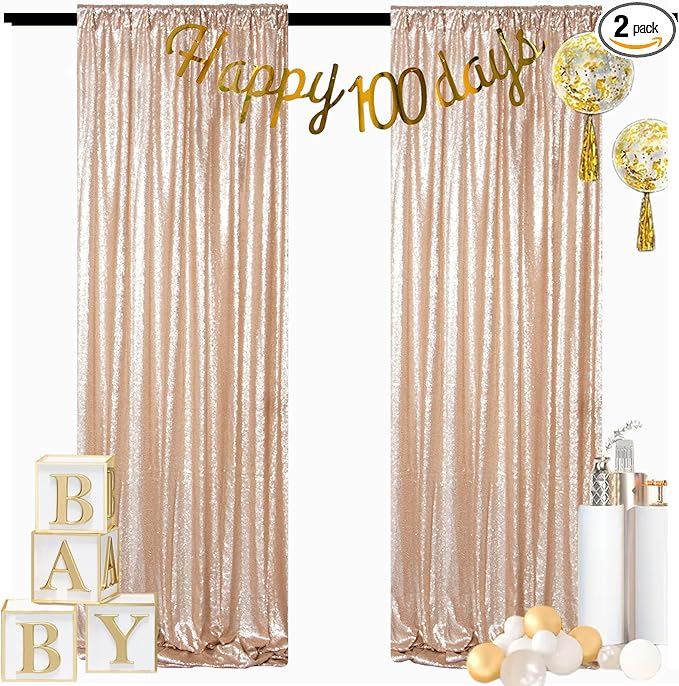 ShinyBeauty Champagne Backdrop Curtains 2 Pieces Sequin Photograph Backdrops 7FTx7FT Panels Sparkly Curtain Shimmer Fabric Background for Weddding,Prom,Birthday Backgrounds