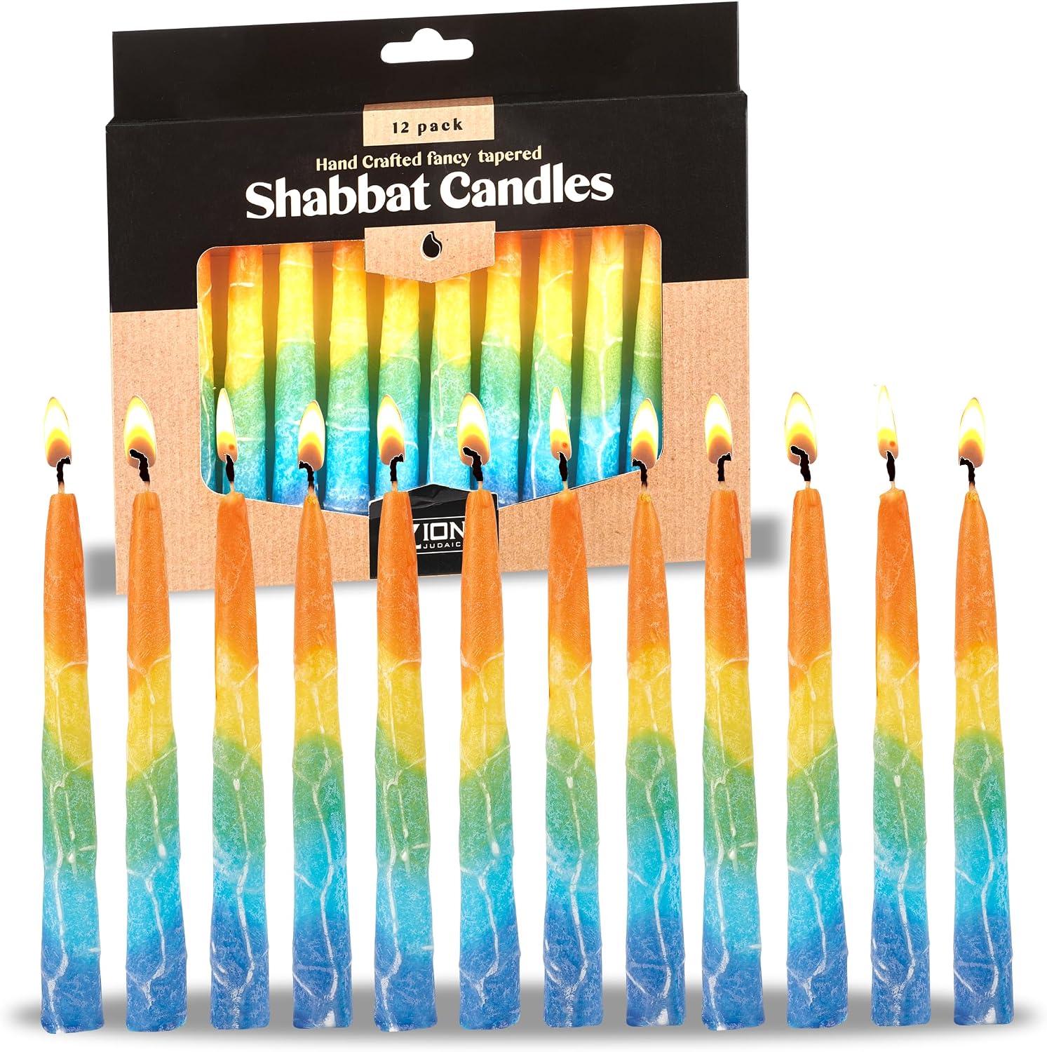 Zion Judaica Shabbat Candles Pack of 12 5.5" Hand Crafted Holiday Taper Candles Bundle Decorative for Celebration Home Décor Sun Burst