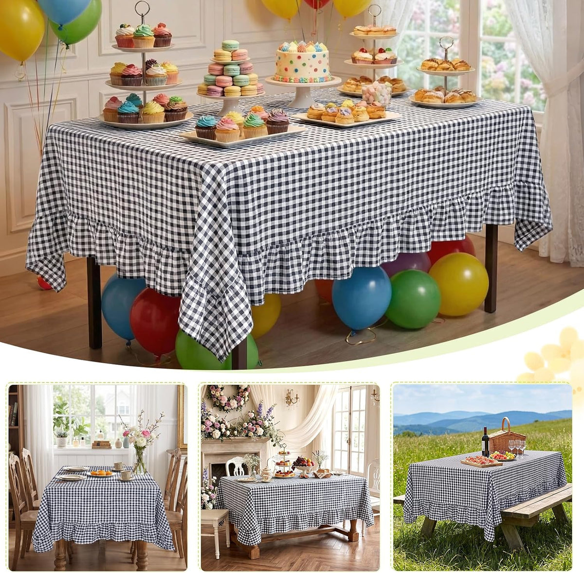 PartyDelight Gingham Ruffle Tablecloth Black White Checkered Rectangular Wash...