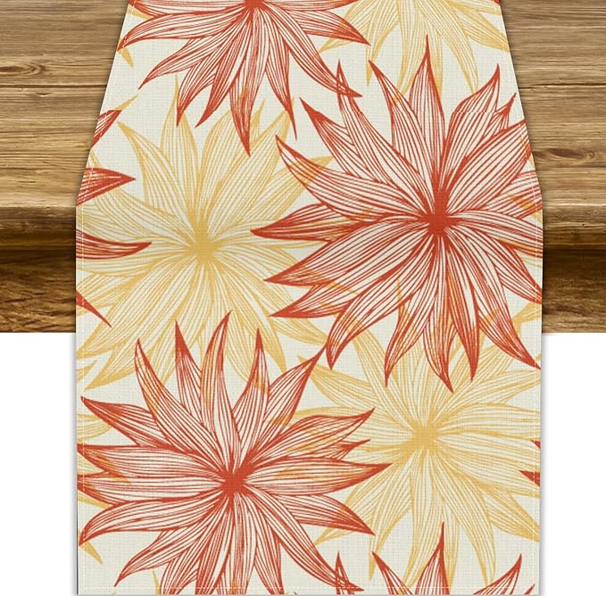 Autumn Chrysanthemum Table Runner, Vintage Modern Geometric Floral Boho Table Runner for Kitchen Dining Bedroom Living Room Table Decor for Indoor Outdoor Home Party, 13x70 Inch