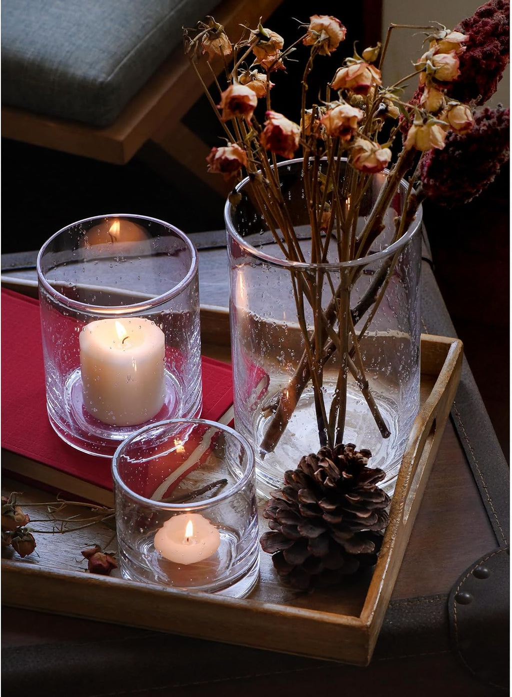Glass Candle Holders Set, 3 Sizes 8" 5" 3.5" Height | Hurricane Vase Centerpieces, Clear Seeded Bubbles Cylinder For Pillar Votive Flower