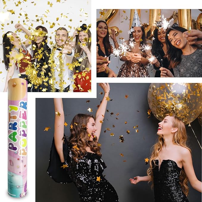 6 Pack Gold Silver Star Confetti Poppers, 12 Inch Confetti Cannon Party Poppers Shooters for Birthday, Wedding, Graduation, Anniversary, Parties, Christmas, New Year's Eve