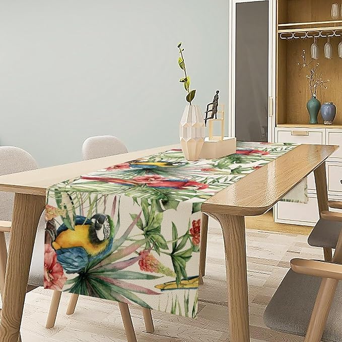 Parrot Table Runner,Tropical Palm Leaf Colorful Macaw Bird Watercolor Print Tablecloth Burlap for Hotel Indoors Outdoor Dining Room Kitchen Home Decor,W13X L36 in