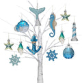 Valery Madelyn 12ct Summer Tree Ornaments Christmas in July Decorations | Teal Aqua Light Blue Silver Shatterproof Beach Coastal Ocean Themed Nautical Marine Seahorse Hanging Balls for Tropical Party