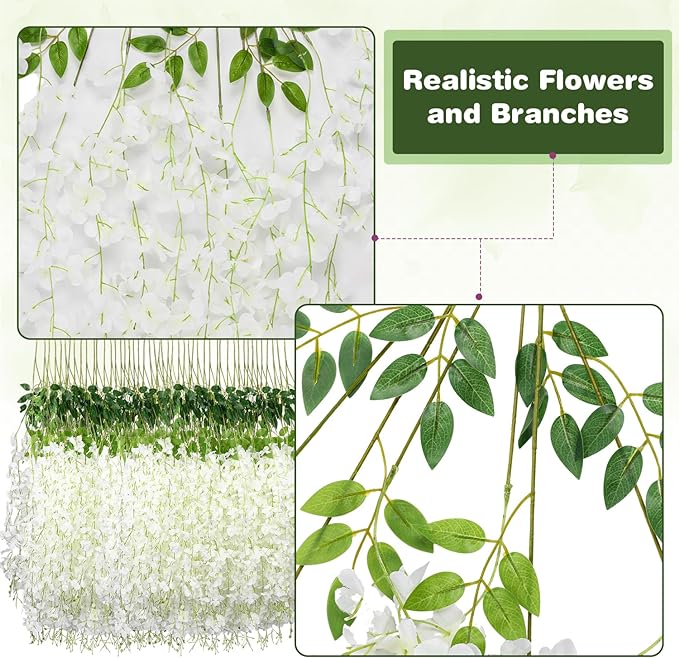 Wisteria Hanging Flowers,Fake Hanging Flowers,Wisteria artificiales Garland for Home Wedding Arch Floral Party Garden Ceremony Outdoor Decor,3.6 feet Long(12,White)