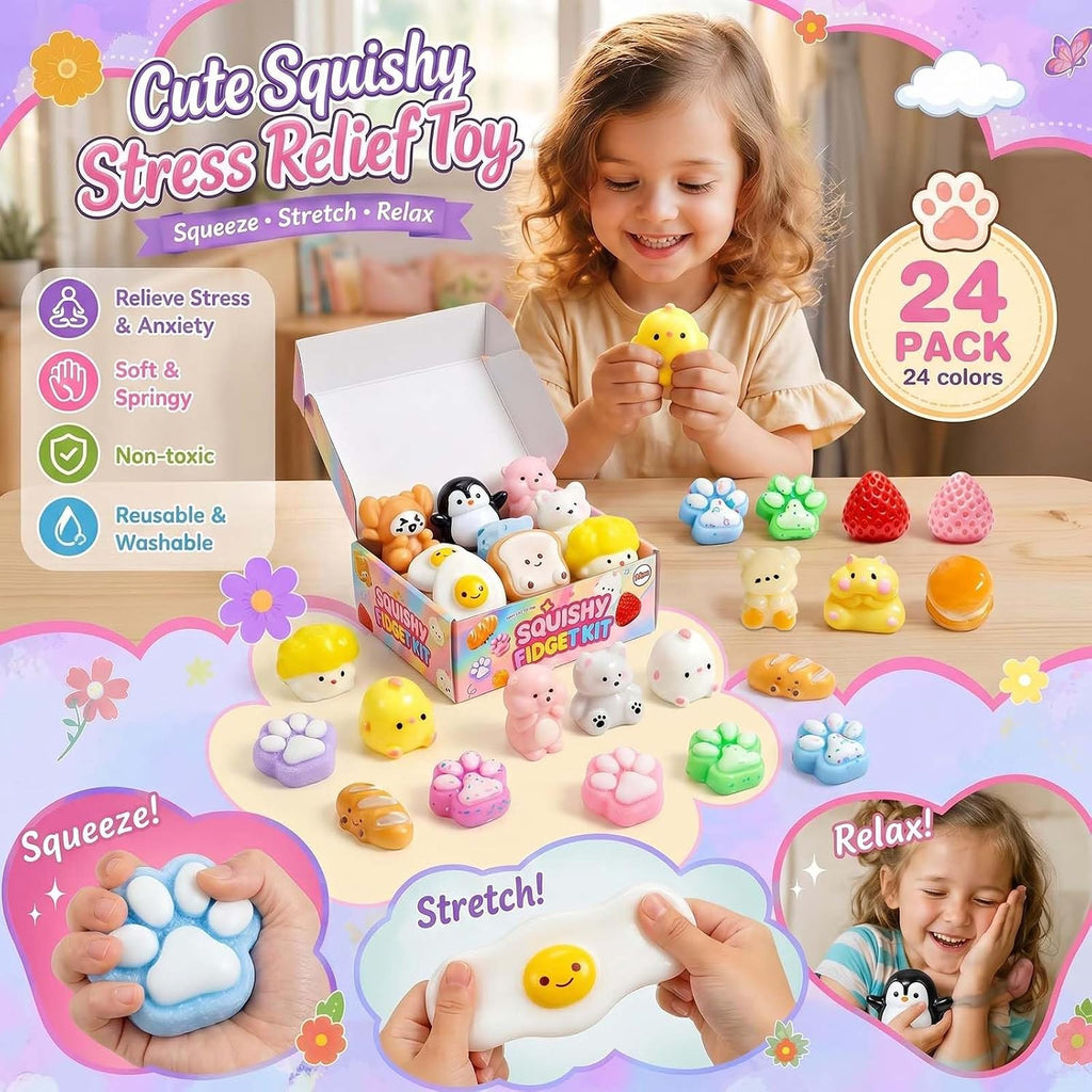 ZiZa 24Pcs Squishy Fun Box Toys Kit Set- Mini Taba Cheap Squishies Fidget Squeezee Toys Pack, Includ Animals, Strawberry, Cat Paw, Penguin, Hamster, Birthday Xmas Gift for Girls Kids