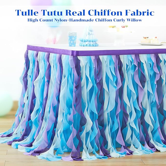 PARTISKY Mermaid Tulle Tutu Ruffle Curly Willow Table Skirt for Rectangle Table 9ft, Mermaid Themed Party Table Cloth for Girls Birthday Party or Baby Shower