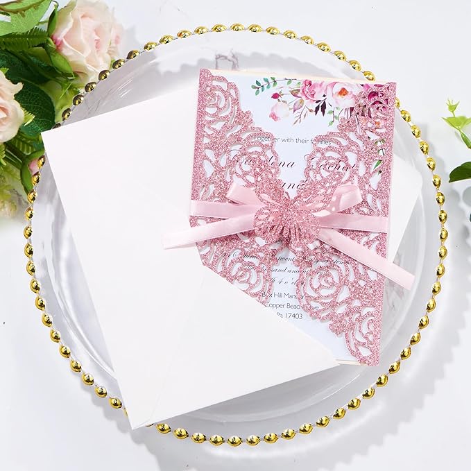 50PCS Pink Wedding Invitations Butterfly Laser Cut Invitation with Envelopes and Rsvp Card Personalized Inner Sheets for Wedding Bridal Baby Shower QuinceañEra Engagement Birthday