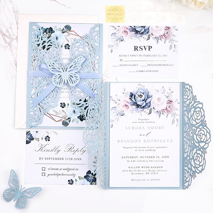 50 Set Light Blue Wedding Invitations Butterfly Laser Cut Invitations Pocket with Blank Inner Cards Rsvp Envelopes Stickers - Personalized Party Invites for Baby Bridal Shower QuinceañEa