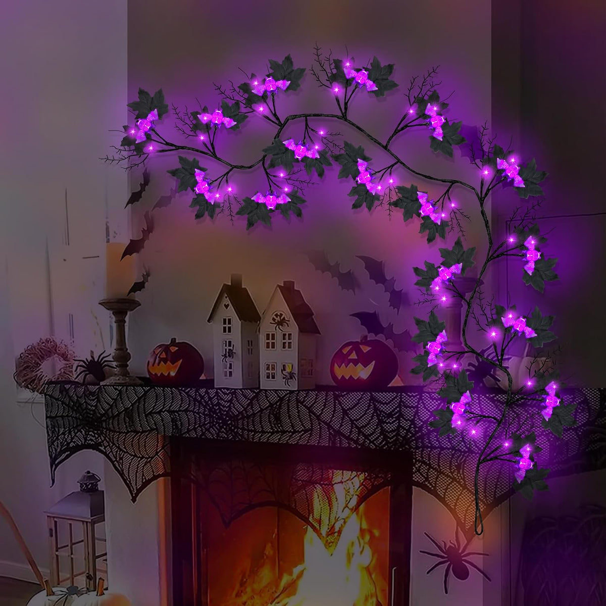 9FT 72 LED Halloween Willow Vine Twig Decor Black Halloween Garland with Bat ...