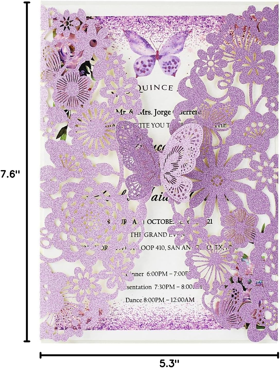Hosmsua 20PCS 5.12 x 7.3 Blank Purple Quinceanera Invitation Kit with Butterfly Laser Cut Lace Flora Invitations for Wedding Quinceañera Sweet 16 Birthday Wedding Invitation (Purple Glitter)