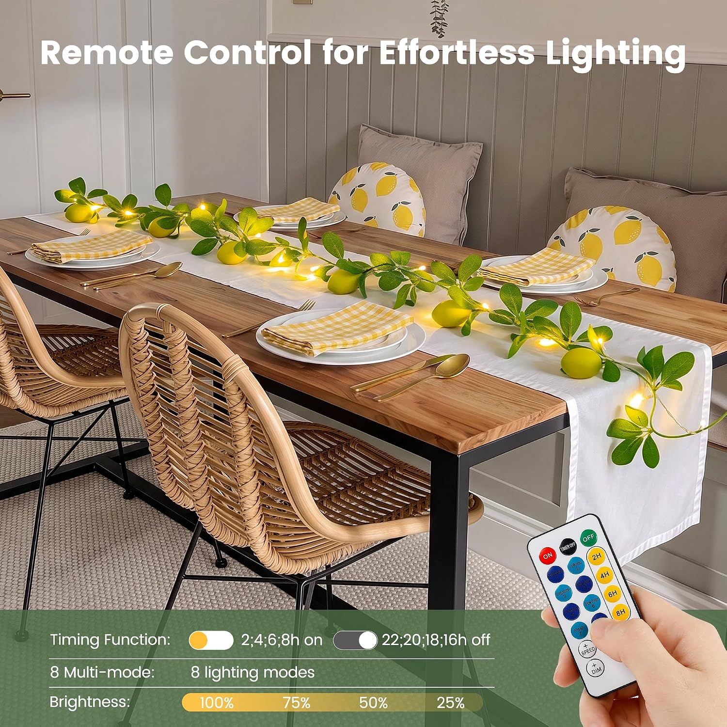 HEYFUNi 18 Led 6FT Lemon Garland Vine with Lights, USB & Battery Operated | Faux Lemon Vine with Remote, Timer, 8 Modes, 4 Brightness & Speed, Artificial Vine for Decoration, Mantel, Table,Summer Decor