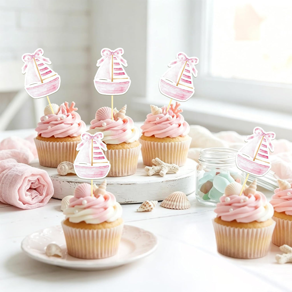 24 Pcs Sailboat Cupcake Toppers, Nautical Cupcake Toppers (pink) | Food Fruit Picks for Decoration Party Favors