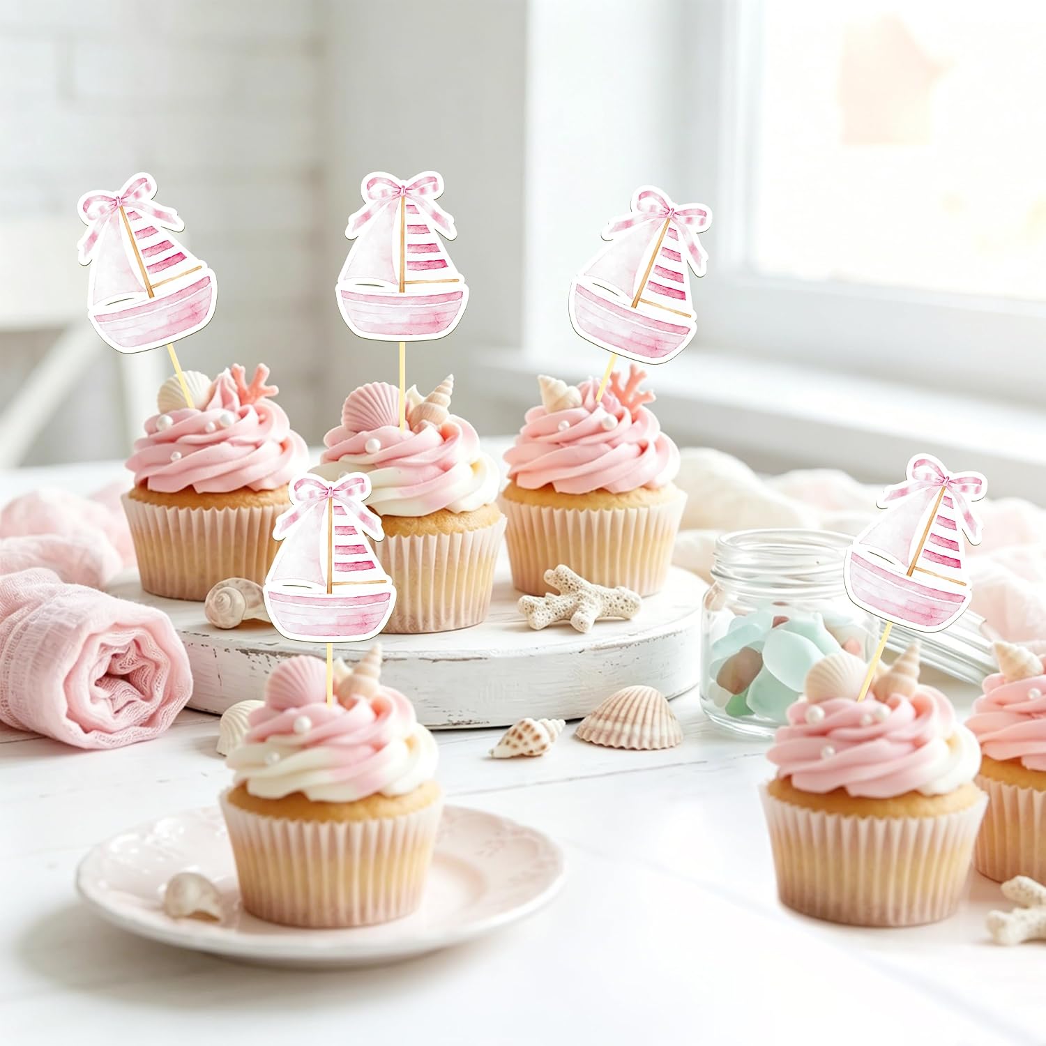 24 Pcs Sailboat Cupcake Toppers, Nautical Cupcake Toppers (pink) | Food Fruit Picks for Decoration Party Favors