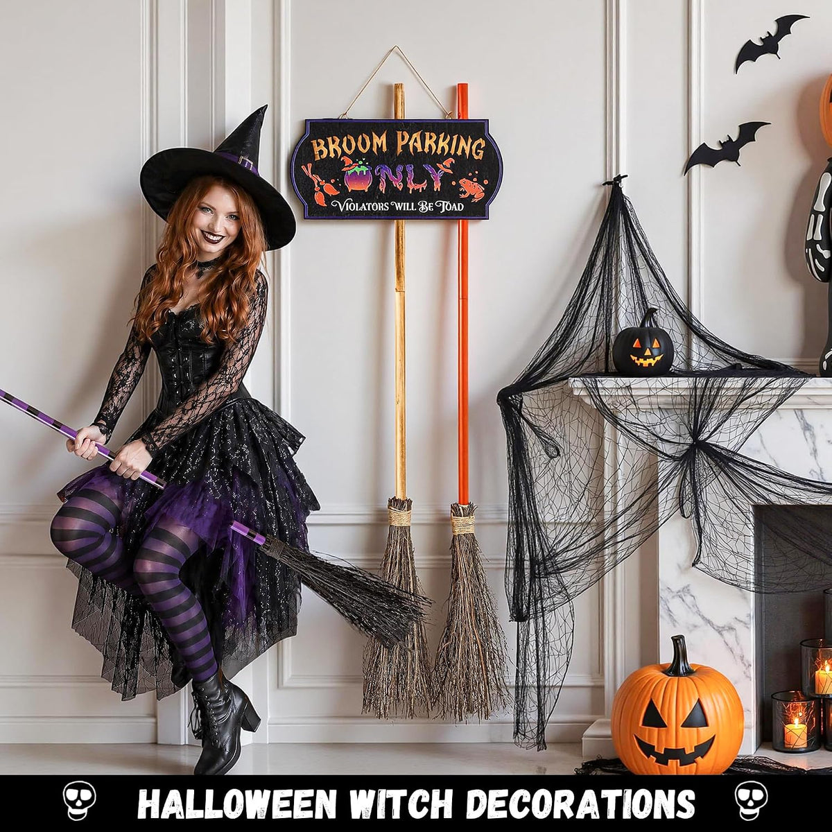 ELAMAS Halloween Decorations Light-up Broom Parking Only Sign with 3 Witch Br...