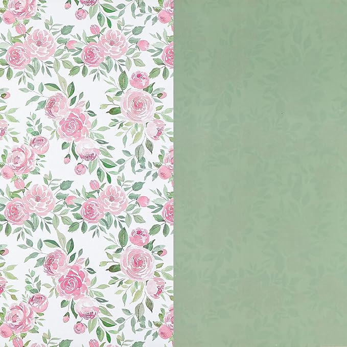 RUSPEPA Reversible Floral Wrapping Paper Roll for Girls Women, Mini Roll, Pink Rose Design and Green Solid Color, Elegant Gift Wrap for Birthday, Mother’s Day, Bridal Shower, 17 Inches x 16.4 Feet