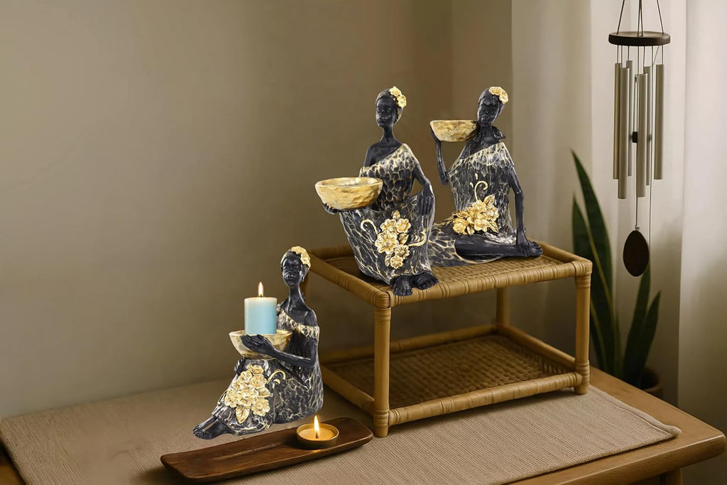 Lescafita African Lady Candle Holder Set of 3 – Resin Figurines with Gold Bowls for Tea Light or Small Pillar Candles – Decorative African Women Statues for Home, Shelf, or Table Centerpiece