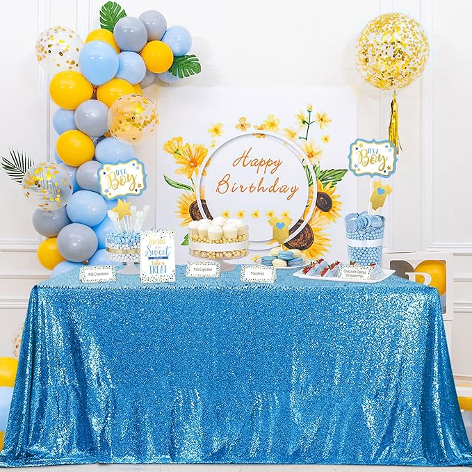 QueenDream Sparkly Sequin Tablecloth - Aqua Blue Table Cloth 50x80 Inches Rectangle Table Overlay Fabric for Birthday Parties Baby Shower Decoration