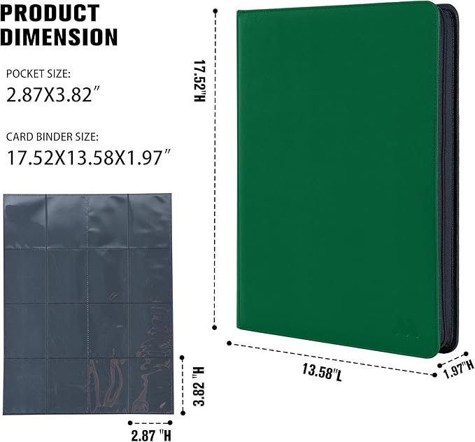 Premium 1000+ Pockets Card Binder,16 Pockets Trading Card Binder Ringless Side Loading Trading Card Album Folder for TCG -Dark Green