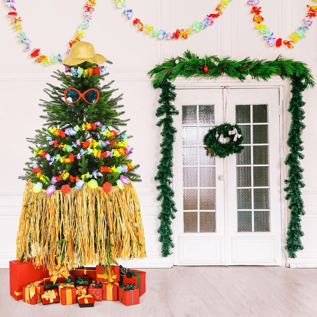4 Pcs Summer Christmas Tree Decoration Christmas July Tassel Grass Skirt Oversized Sunglass Hat Floral Garland Tropical Party Decor for Hawaiian Party Supplies