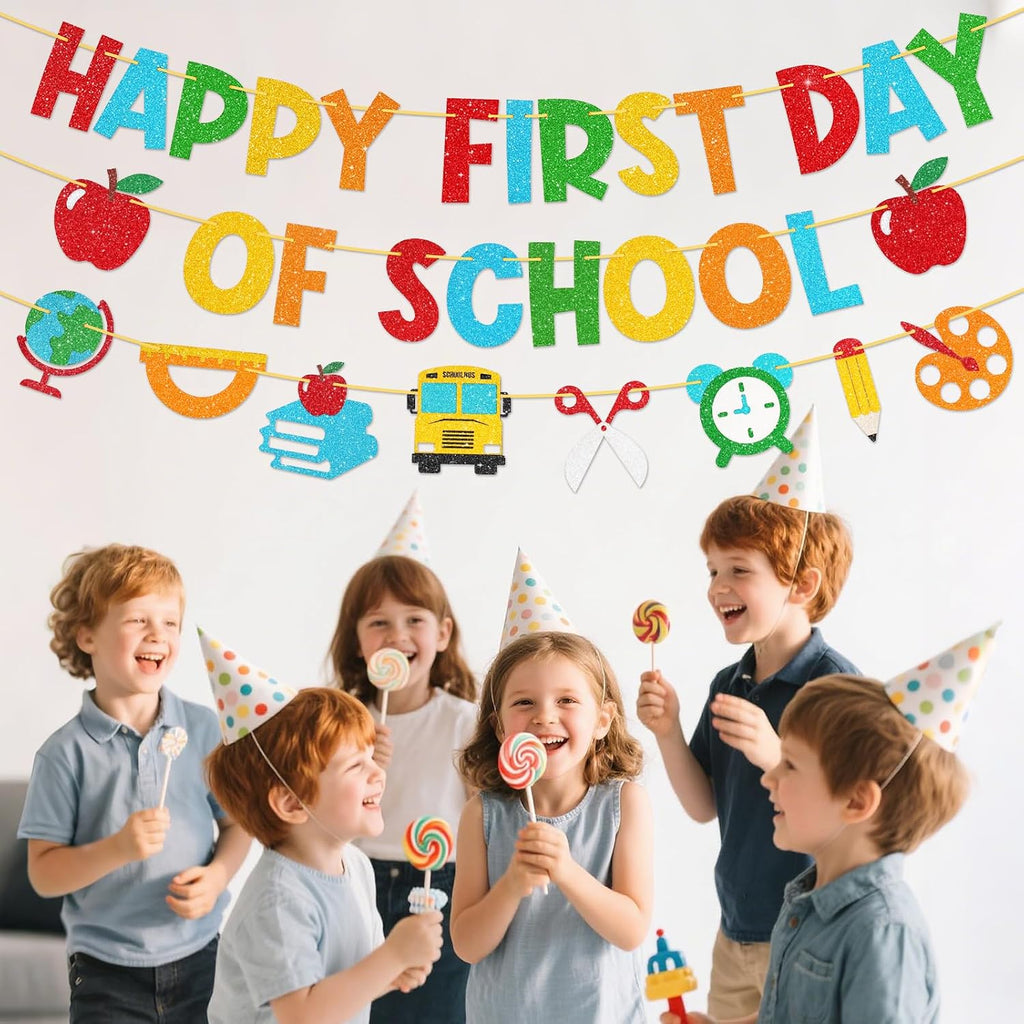 Shzbtdo Pre-Strung Happy First Day of School Banner, Glitter First Day of Kindergarten Decorations for Classroom, Welcome School Decorations for Kindergarten PreK 1st Grade Students