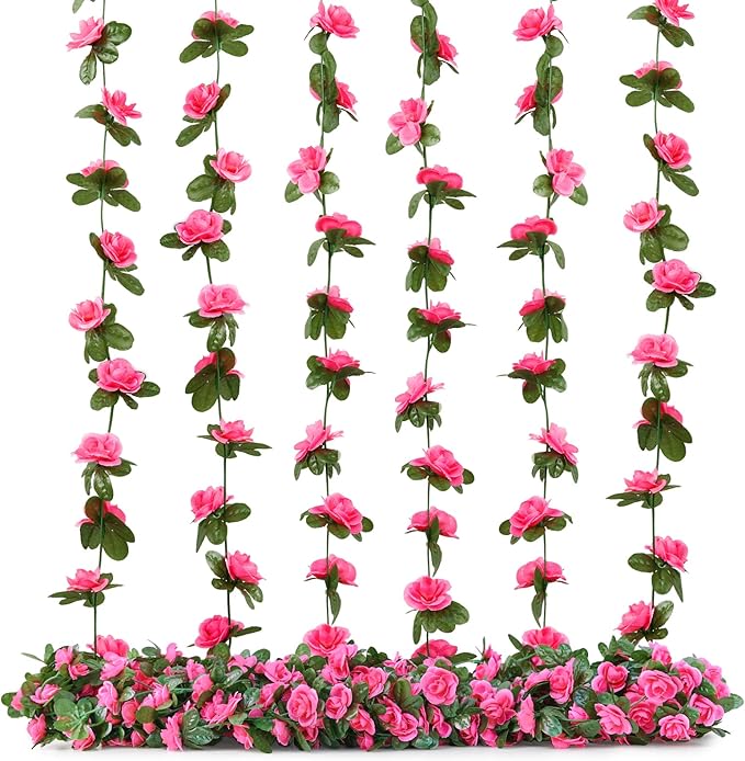 6 Pcs x 8.2 ft Flower Garland Artificial Rose Vine Flowers with Green Leaves Hanging Fake Roses Vine for Room Party Home Wedding Birthday Christmas Wall Arch Decor, Spring Magenta Flower