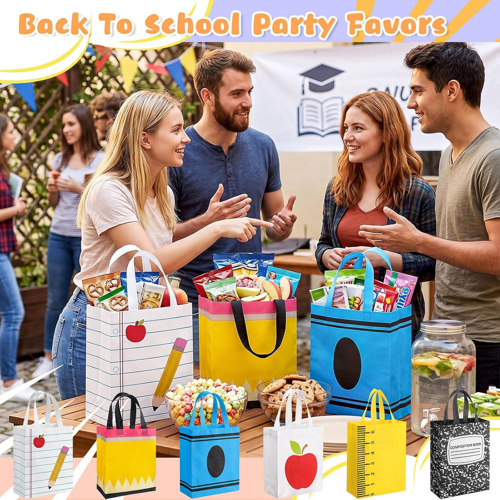 Sweetude 60 Pcs Back to School Gift Bags with Handles, 12.6 x 9.84 x 4.33 Inch Reusable Teacher Appreciation Tote Bags, Non Woven for First Day of School Party Favors Classroom Teacher Student Gifts