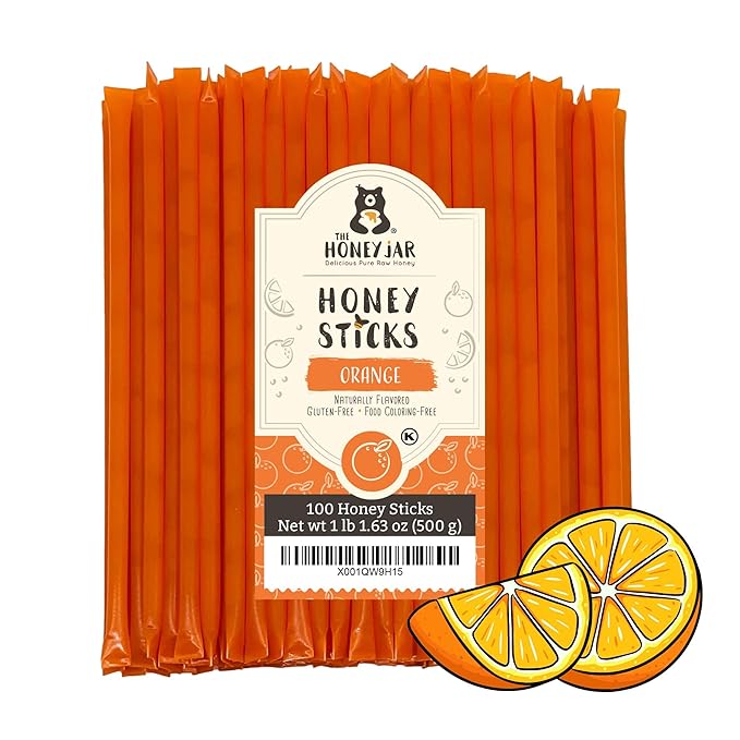 The Honey Jar Orange Flavored Honey Sticks - Pure Honey Straws For Tea, Coffee, or a Healthy Treat - One Teaspoon of Flavored Honey Per Stick - Made In The USA with Real Honey - (100 Count)