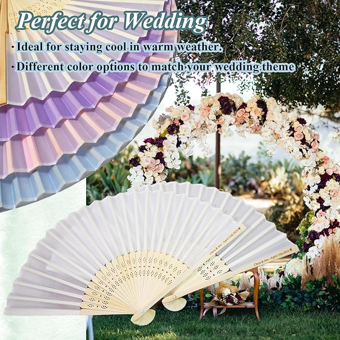 Personalized Engraved White Silk Fans Folding Hand Fans, Summer Wedding Fans, Custom Silk-Bamboo Fans Wedding Party Favor Bridal Shower Gifts (5 Pieces)