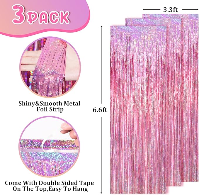 2 Pack Laser Pink Tinsel Foil Fringe Curtains, Mothers Day Pink Decorations, Metallic Tinsel Party Streamers Backdrop for Birthday Bachelorette Graduation Wedding Party Decorations