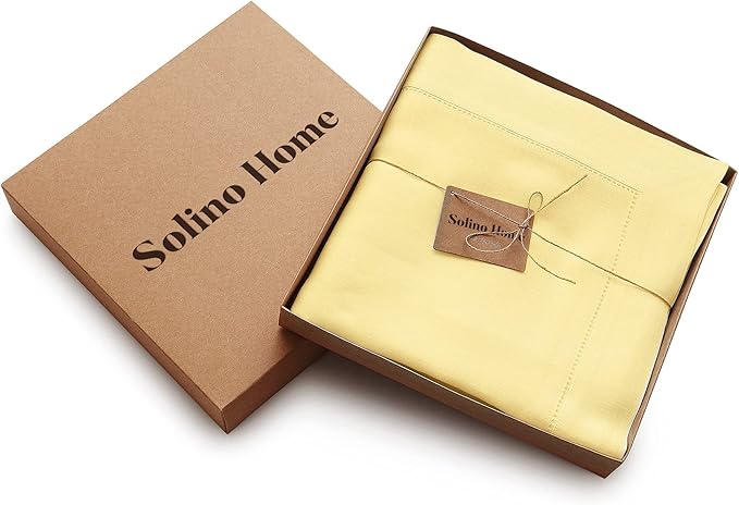 Solino Home Linen Yellow Tablecloth 60 x 132 Inch - Classic Hemstitch, 100% Pure Linen Rectangular Tablecloth - Machine Washable Table Cloth
