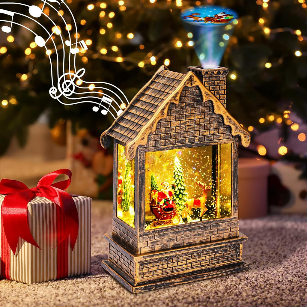 Garma Lighted Christmas Snow Globes Musical Lantern with Timer, Train Water Lanterns Snowing Glittering Battery Operated, Christmas Santa Claus Musical Lighted Christmas Home Décor (House Lantern)