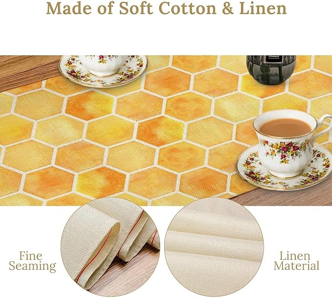 Honeycomb Bee Table Runner, Cute Abstract Geometric Yellow Honeycombs Print Table Cover for Kitchen Dining Table Indoor Outdoor Party Decor, 13x120inch