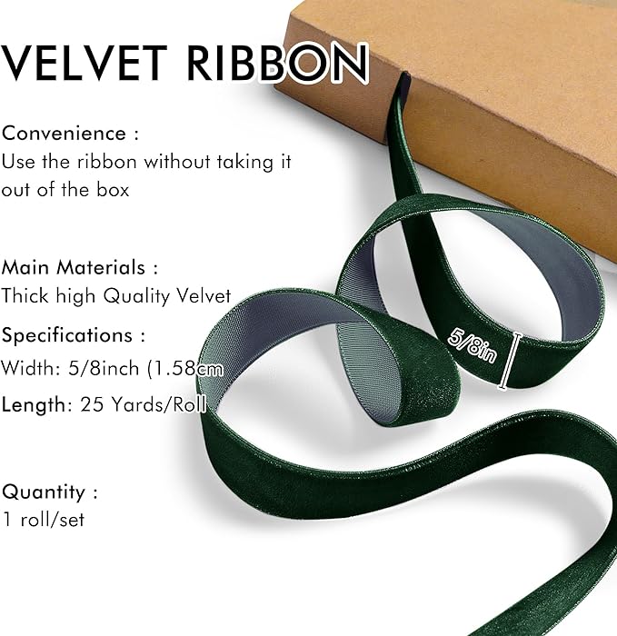 Dark Green Velvet Ribbon 5/8'' 25 Yards for Christmas Tree, Gift Wrapping, Flower Bouquet, Wreath Decorations, Bow Making