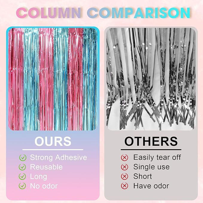 2 Pack Blue and Pink Foil Fringe Backdrop Curtains, Tinsel Streamers Mermaid Party Decorations, Fringe Backdrop for Mermaid Birthday, Baby Shower, Gender Reveal, Disco, Graduation Party