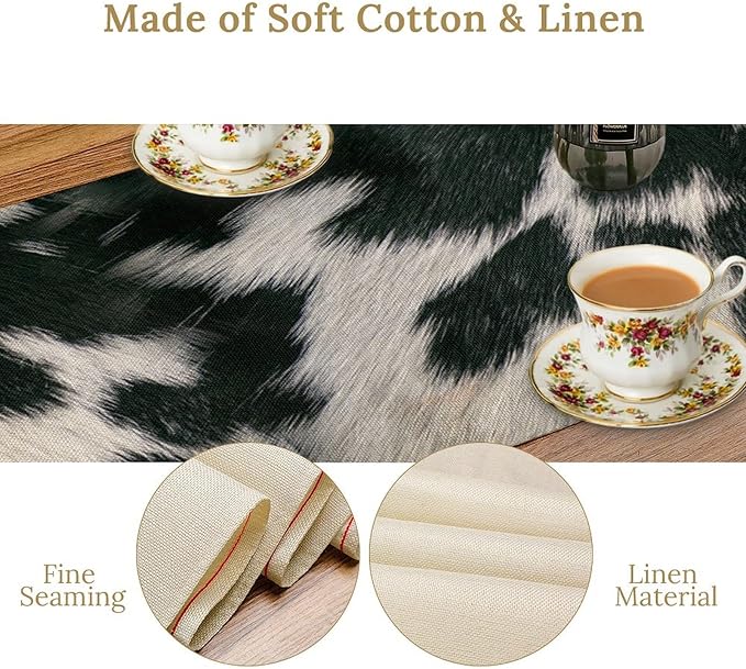 Cow Skin Print Table Runner, Rustic Country Farm Fur Skin Cowhide Pattern Western Style Black White Print Table Runner for Home Kitchen Dinning, 13x108 Inch