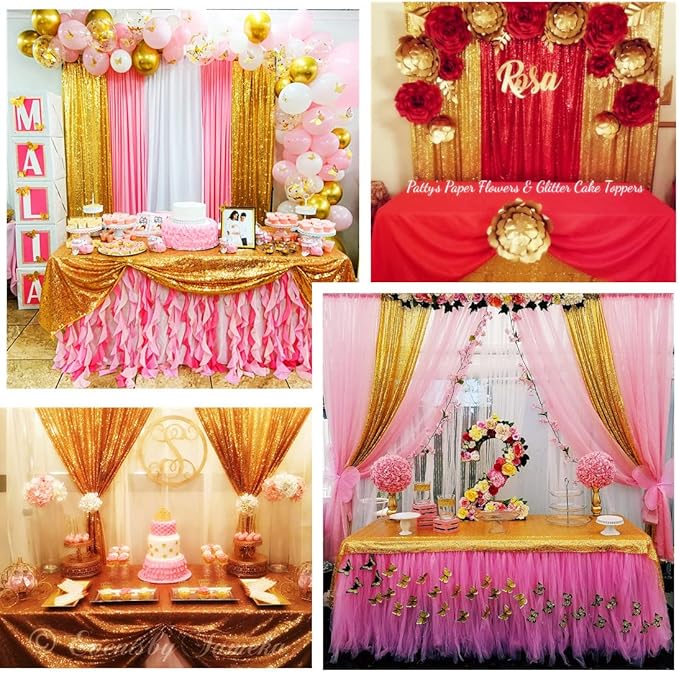 Poise3EHome Gold Sequin Backdrop Curtains,4 Panels 2FTx8FT Glitter Background for Party Birthday Party Baby Shower Wedding Christmas Thanksgiving Halloween Holiday Festival Decor